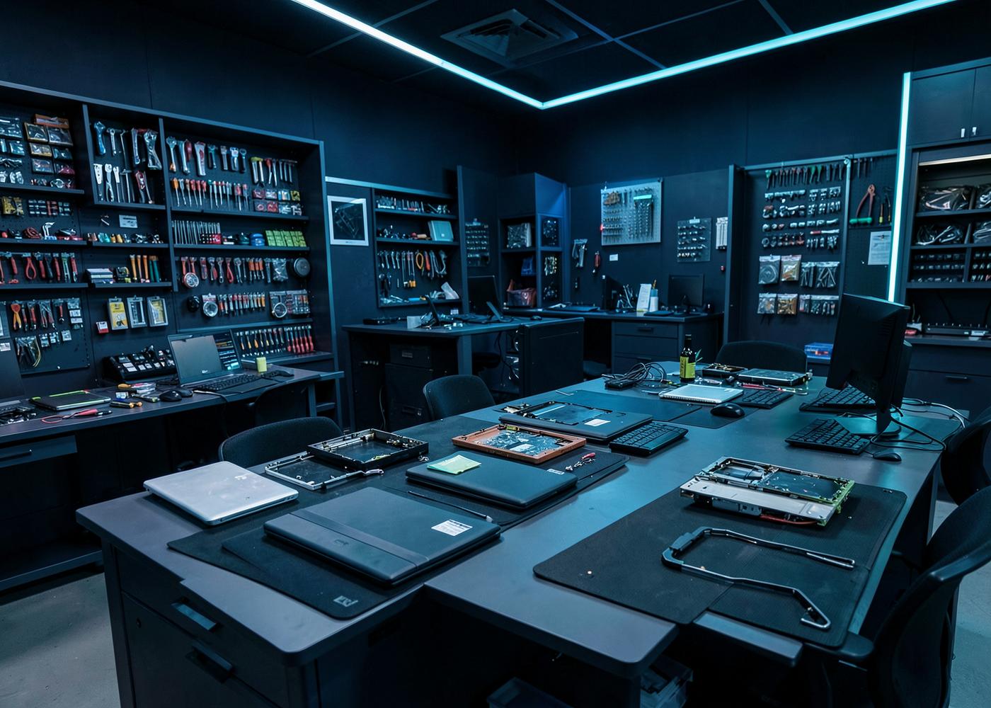 Laboratório próprio da Inforlink com bancadas e notebooks em manutenção